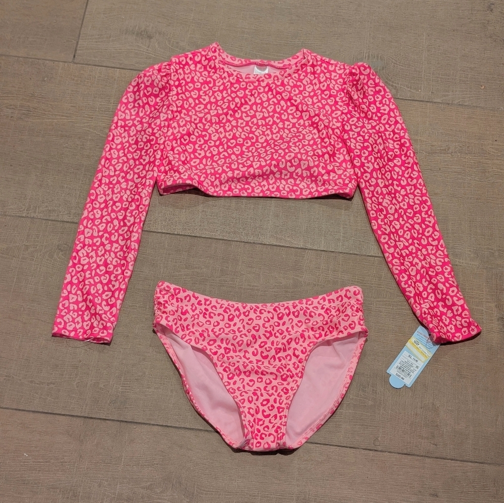 Cat & Jack Kids Long-Sleeve Pink Leopard Two-Piece Swim Set XL (14) NWT